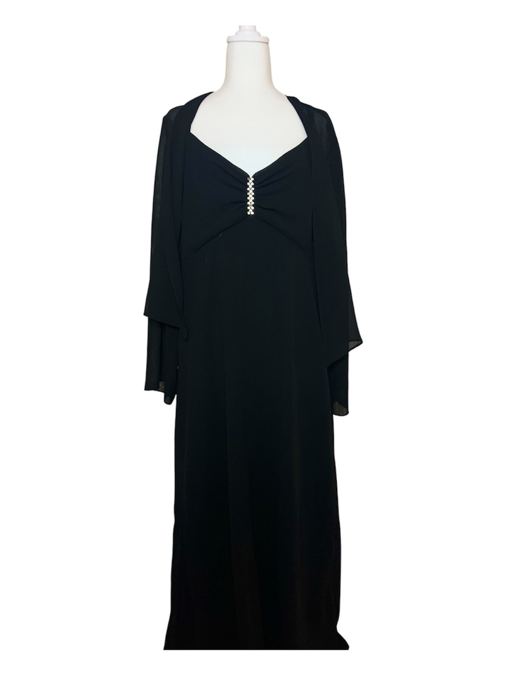 Vintage Onyx Nite Black Long Sleeve Evening Gown with Rhinestone Accent 18W